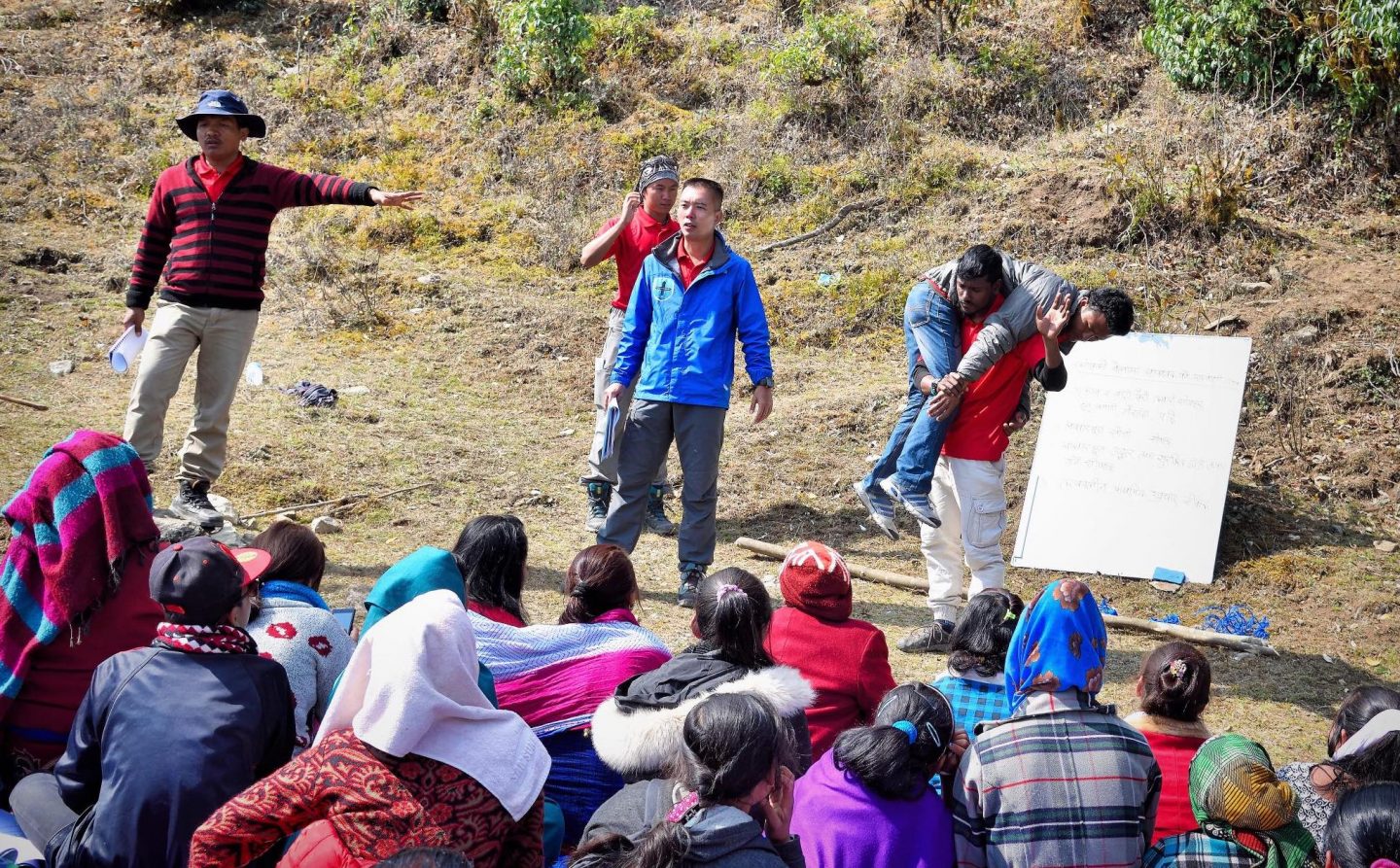 Conducting disaster-preparedness training for villagers in the mountains in Nepal. (Photo courtesy of James Tan)