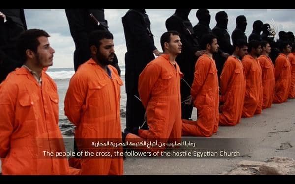 Screengrab of the video that shook the nation of Egypt. One day after the video was released, a young worker in the Bible Society of Egypt remarked to Atallah: <i> “I am encouraged because now I know that what we have been taught in history about Egyptian Christians being martyred is not just history... there are Christians today who are brave enough to face death rather than deny their Lord! When I saw these young men praying as they were being prepared for execution and then many of them shouting ‘O Lord Jesus’ as their throats were being slit, I realised that the Gospel message can still help us to hold on to the promises of God even when facing death!”</i>