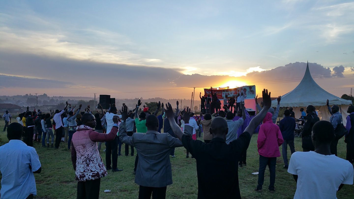 An open-air evening rally in Eldoret, Kenya, organised by Cornerstone Ministries International, where Tim witnessed the Holy Spirit moving powerfully.