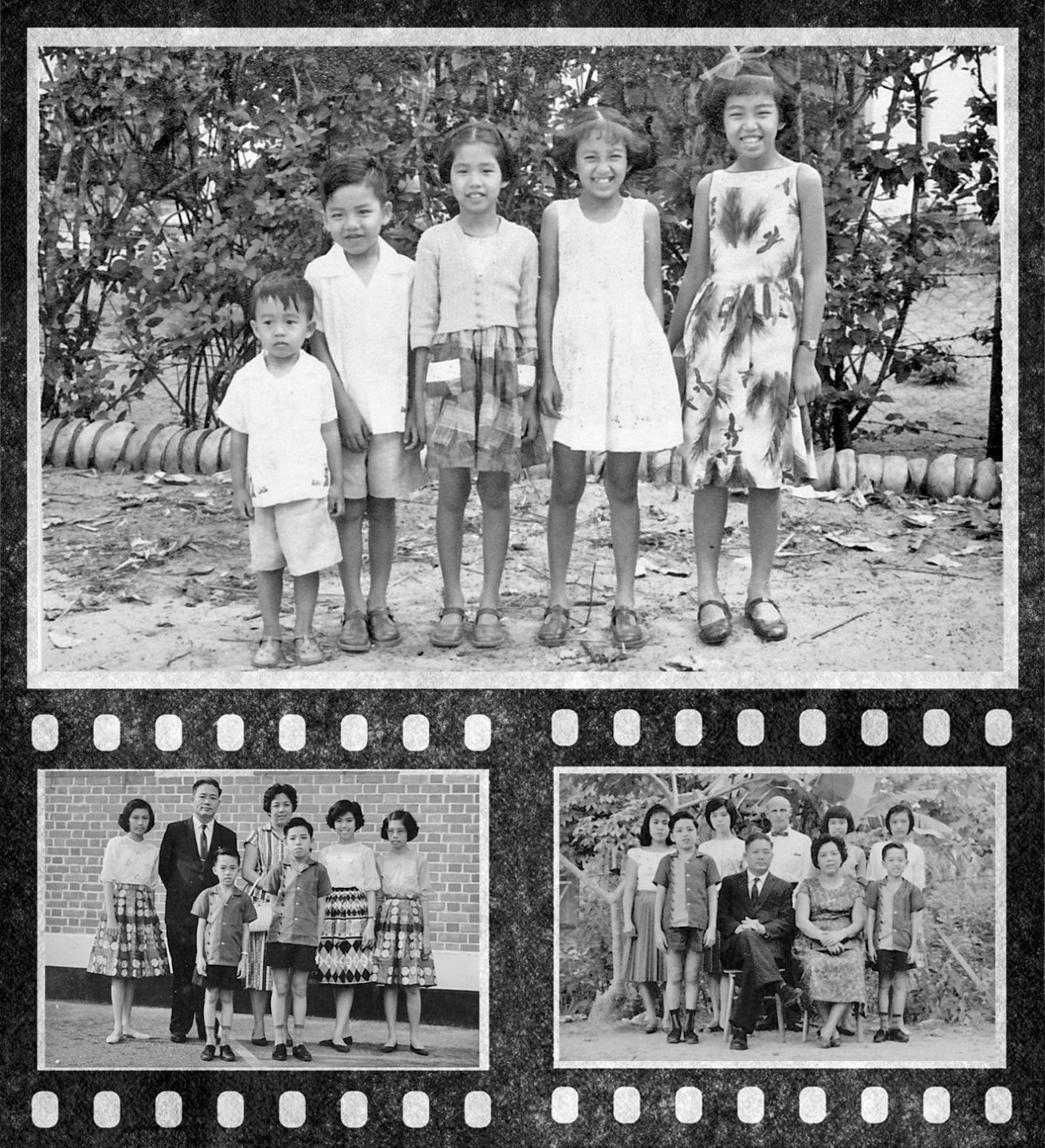 Clockwise from top: The five Yap siblings during childhood; The Yap family with Jimmy Glover; Yap family portrait.