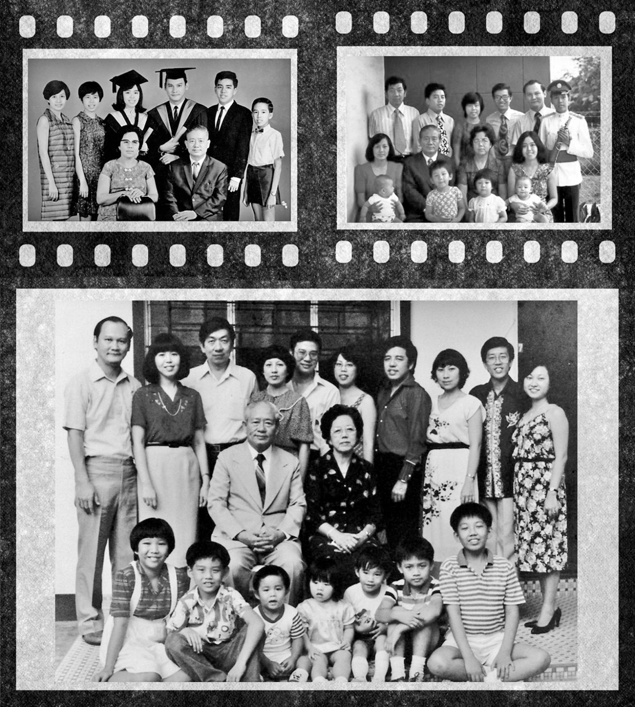 Portraits of the Yap family over the years as they grew. Peter Yap Huat Tuan (seated) called home to be with the Lord on 2 June 1985 at the age of 64.