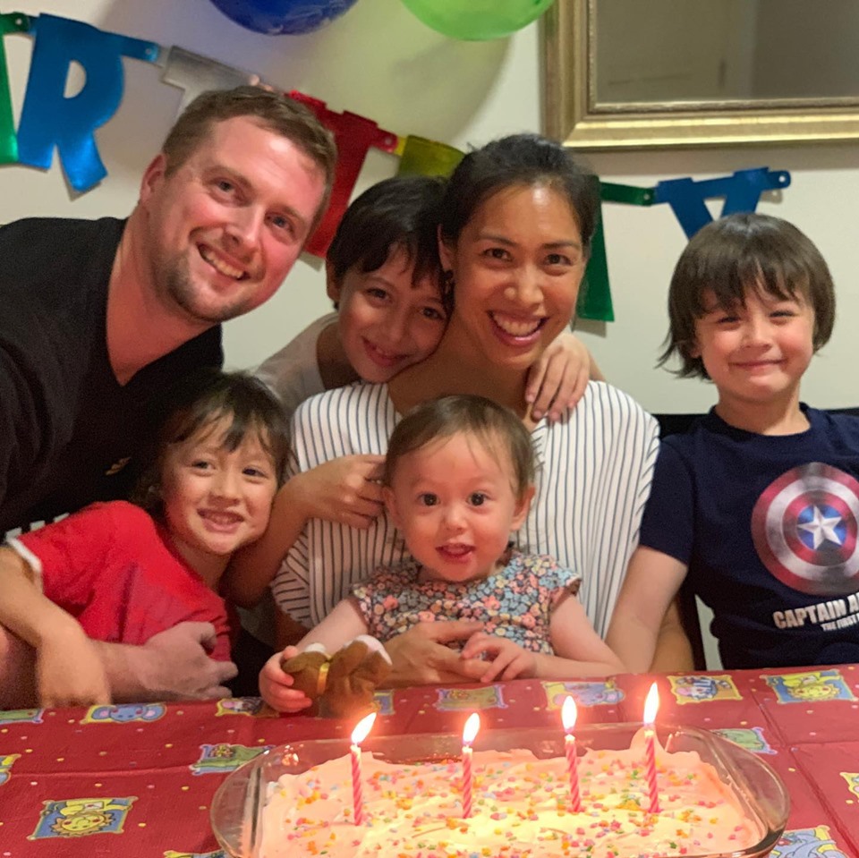 Joscelin Yeo celebrating her big 4-0 in May. She is flanked by her family. Her husband, Joseph Purcell is a full time pastor. 