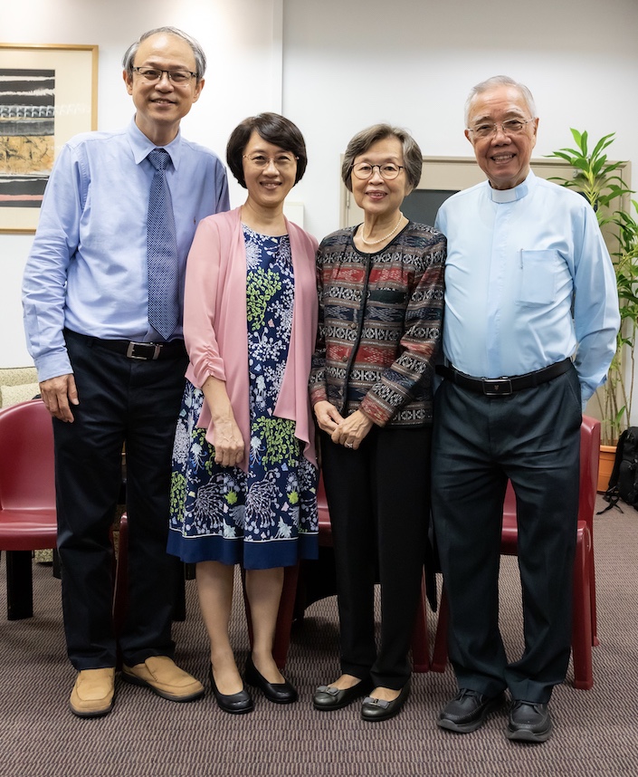 Rev Dr Lim Teck Peng was inducted as the Lee Huai Kwang Professor of Religious Education in August 2019. (left to right) Rev Dr Lim, with his wife Yong Kiang, and Mrs Lee Cheng Yeng and Rev Dr Lee Chong Kau. Photo courtesy of Trinity Theological College.