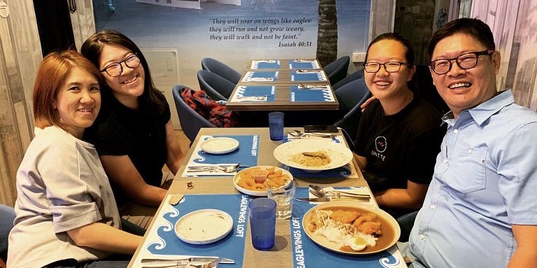 Meal times are precious as that is when (left to right) Carol, Nicole, Gillian and Albert share their day's victories, challenges and lessons learnt. Photo from Carol Loi's Facebook page.