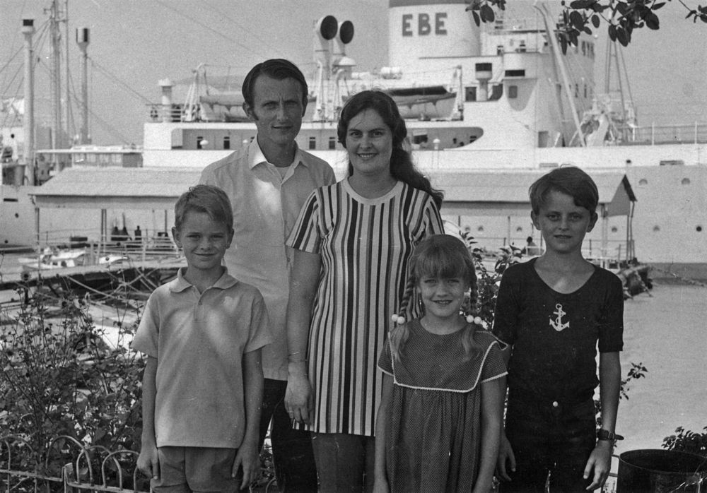 George and Drena with their children in front of the MV Logos, the first ship that OM purchased, in Calcutta, May 1972. Photo from OM.org.
