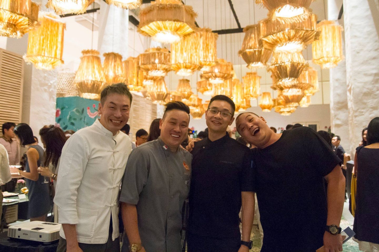 Malcolm has hosted numerous guest chefs in Candlenut's kitchen. He is pictured here with (left to right) Willin Low of Wild Rocket, Wayne Liew of KEK Seafood and Andrei Soen of Park Bench Deli, who took part in Candle's "8 years, 8 Hands" anniversary dinner on April 11, 2018.