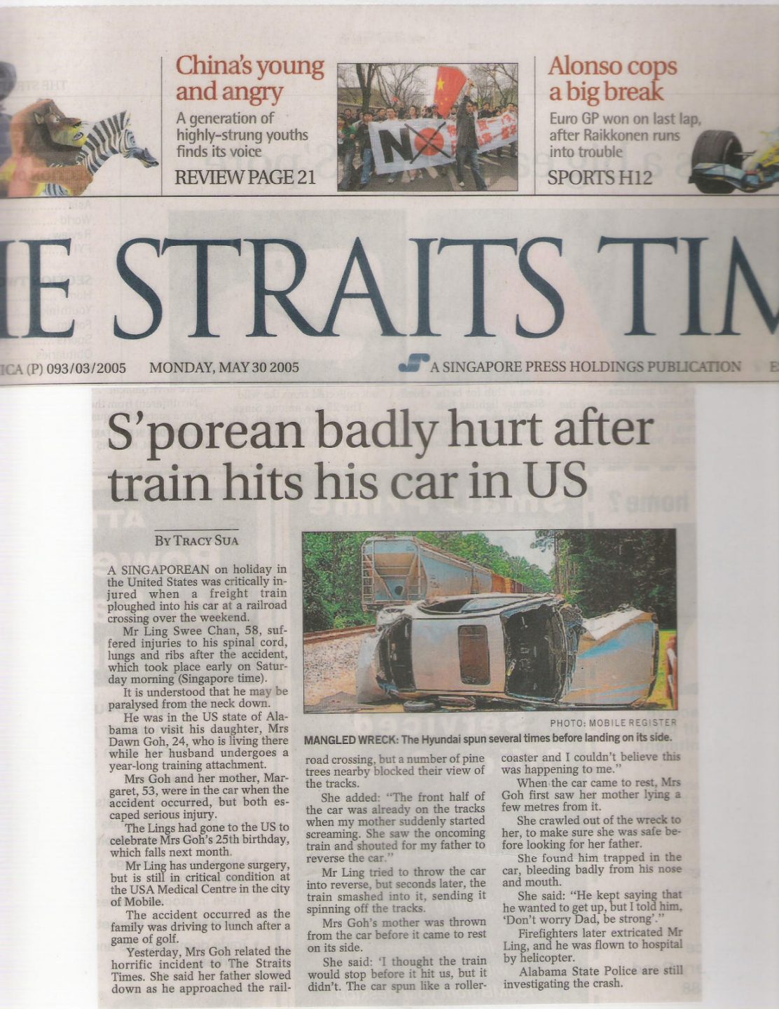 The bad accident made local headlines in Singapore. Photo courtesy of Ling Kin Lew.