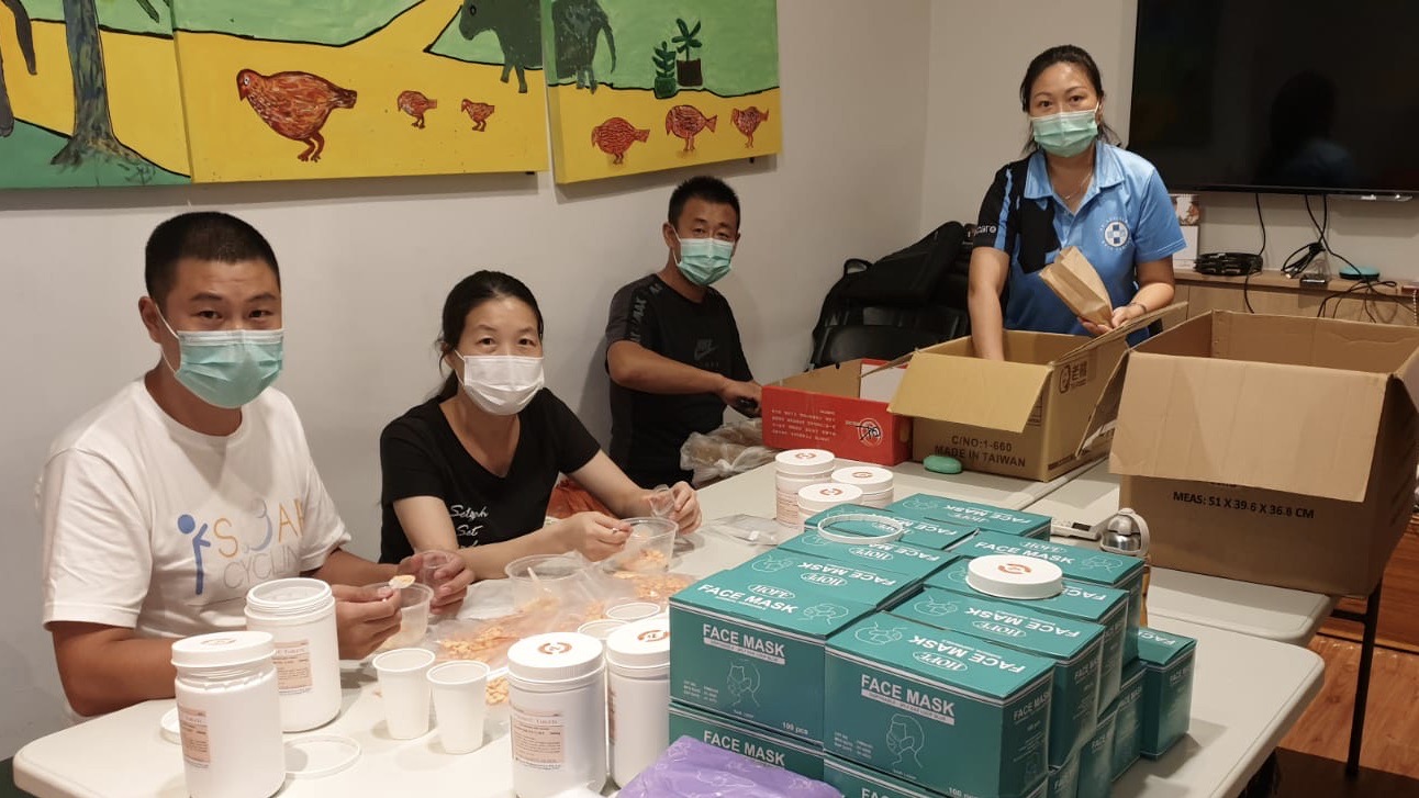 The COVID-19 situation has many migrant workers worried about their health as they were unable to get masks. Social enterprise Migrant X Me and non-profit organisation SG Accident Help Centre are putting together care packages to ensure their needs are met. Chinese injured workers are pictured here helping to pack the care packages consisting of masks, Vitamin C, soap and sanitiser for distribution in the dormitories. All photos from SG Accident Help Centre.