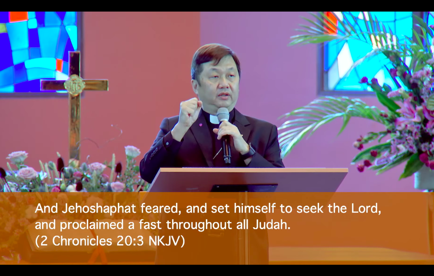 Photo of Rev Kow Shih Ming, at Paya Lebar Methodist Church's livestreamed service last week. Photo from PLMC's Facebook page.