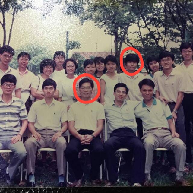 Chia (right, in red circle) and Chim (left, in red circle) first met in 1988 when both were in their early 20s.