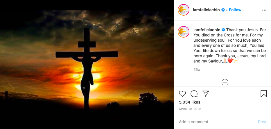 Chin speaks openly about her faith on social media and posts Bible verses on her Instagram account from time to time. Screenshot of Felicia Chins Instagram account @iamfeliciachin