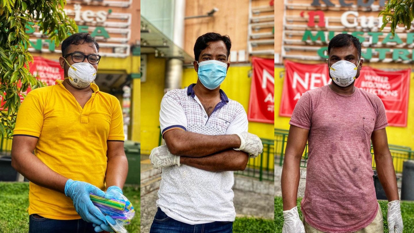 Mohammad, Islam and Ali are migrant workers who volunteer to help serve other co-workers at the meal distribution point in Little India.