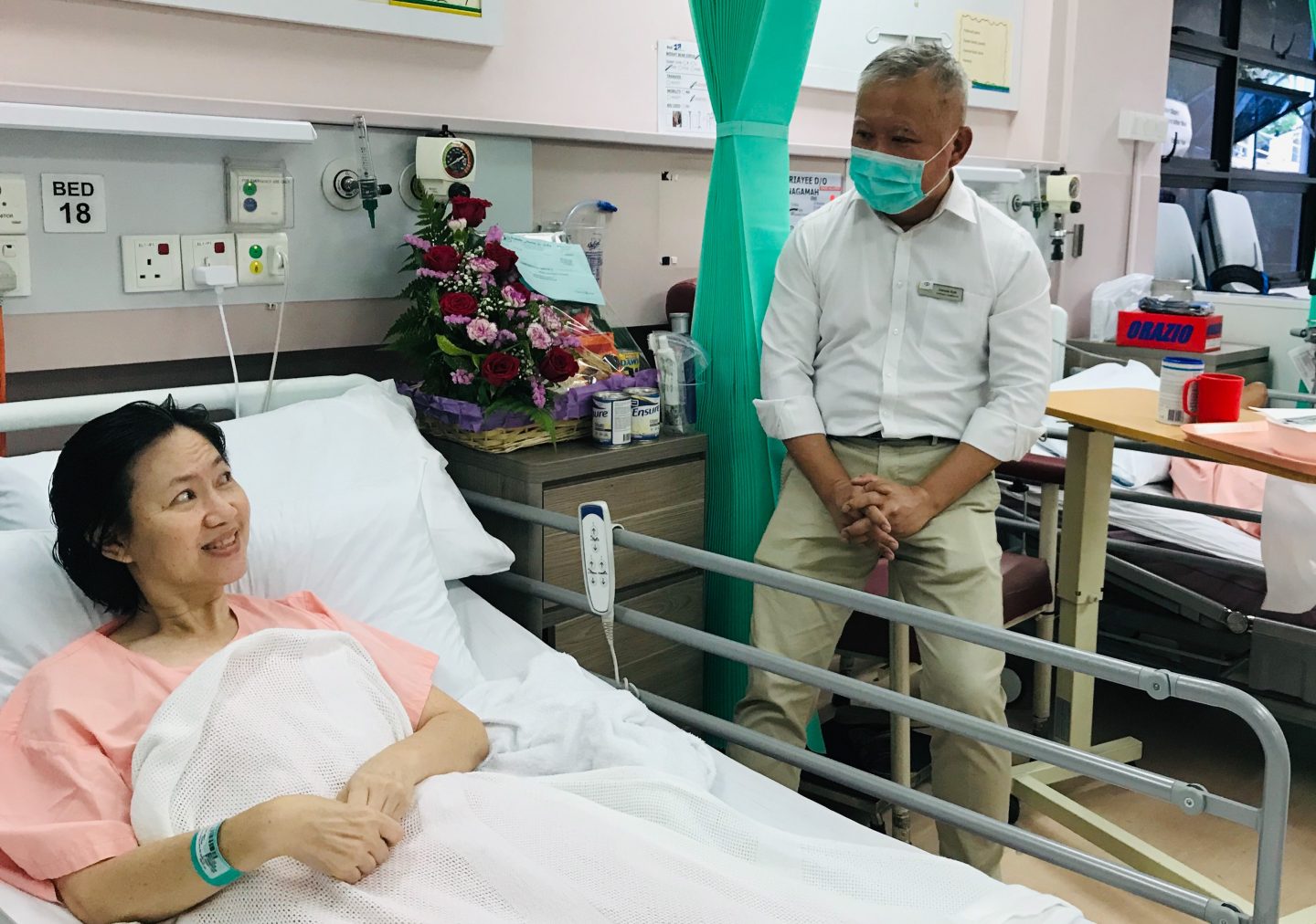 Mdm Tan Siew Huay, 55, another patient at St Luke's Hospital, with pastoral counsellor Dennis Koh. Mdm Tan found the broadcasts “refreshing” and wished the sessions were longer.