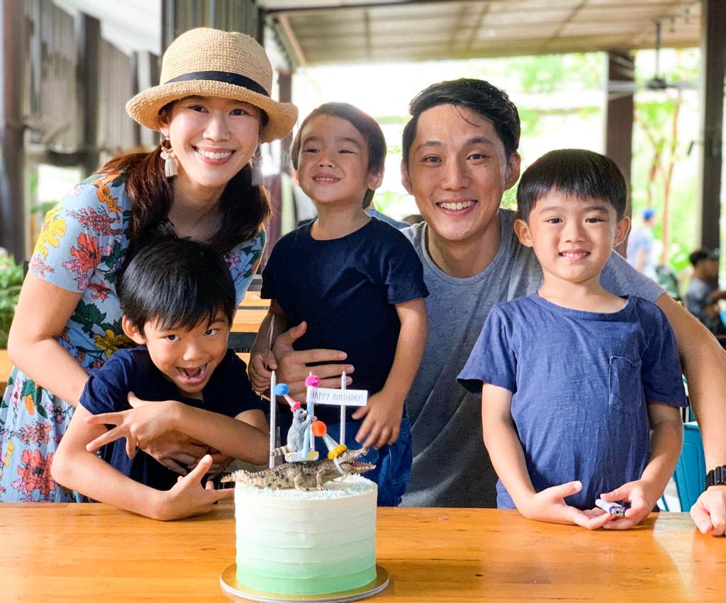 Jia Hao (second from right) with his wife Ruth and three sons aged between eight and three. The family is expecting a daughter in August. 