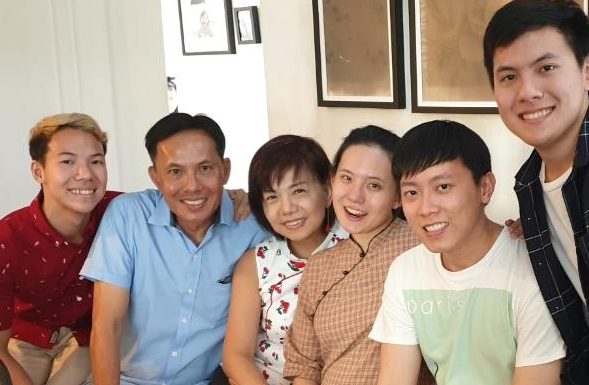 Aaron (left) with his parents Albert and Alison, sister Ariel and brother-in-law Adwyn, and brother Asher, the fact that all the Lim siblings have names beginning with the letter A was by design, the fact that even his brother-in-law’s name starts with A was divine appointment. Photo courtesy of Lim family.