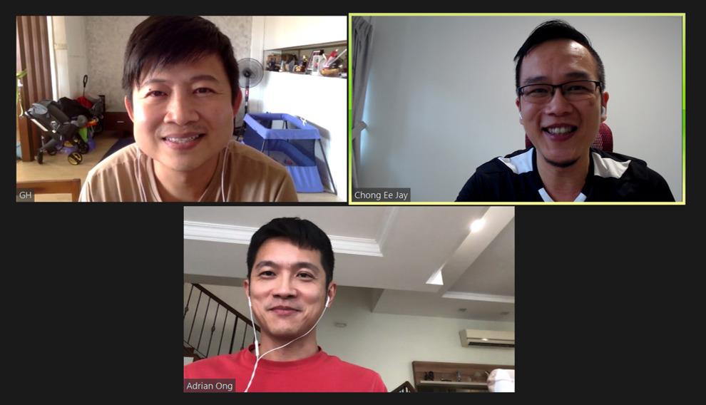 (Top left to bottom) Wang Guanghan, Chong Ee Jay and Adrian Ong met up via Zoom during the Circuit Breaker. Photo courtesy of Chong Ee Jay.  