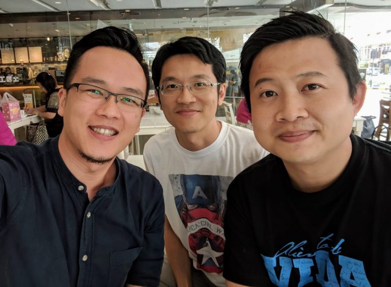 (Left to right) Chong Ee Jay, Adrian Ong, Wang Guanghan met in university and have remained firm friends for two decades. Photo courtesy of Chong Ee Jay.