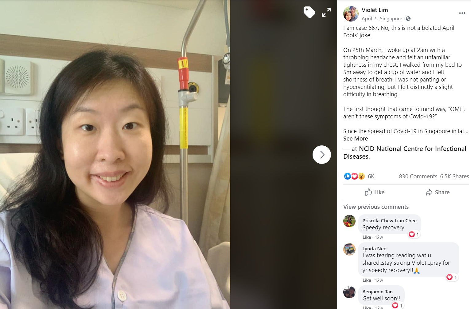 Violet Lim sharing on Facebook her COVID-19 infection journey. Photo from Violet Lim’s Facebook account.