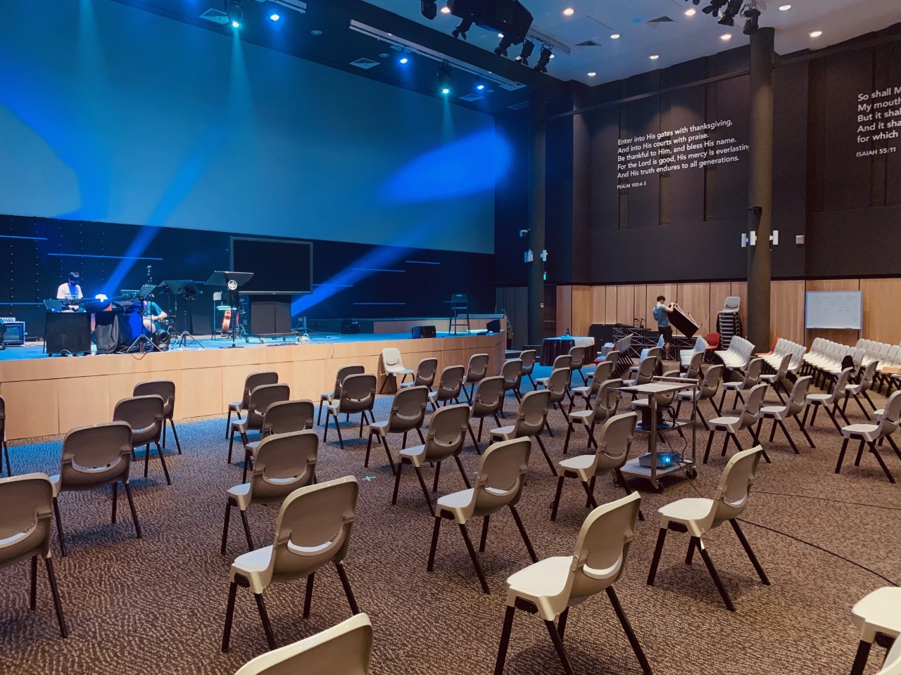 The Sanctuary at Bethesda Bedok-Tampines Church, which is considering how to gradually resume services under the current Phase 2 guidelines. These guidelines include precautionary measures such as a cap of 50 in attendance, no live singing, and safe distancing between seats.