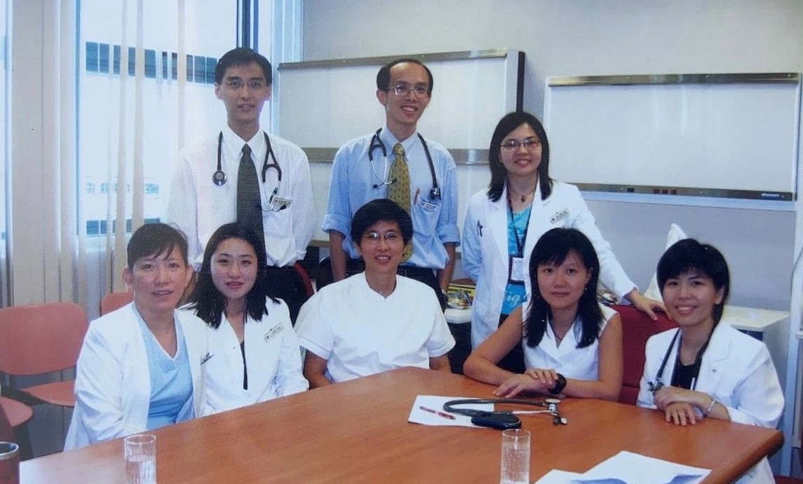 Sister Eliada Yap (first from left) with the first hospital-based palliative care service team in Tan Tock Seng Hospital in 1998. It was a multi-disciplinary team consisting of doctors, therapists, medical social workers and nurses – including Dr Angel Lee (middle, front row) and Professor Pang Weng Sun (middle, back row). (Photo courtesy of Eliada Yap/Assisi Hospice.