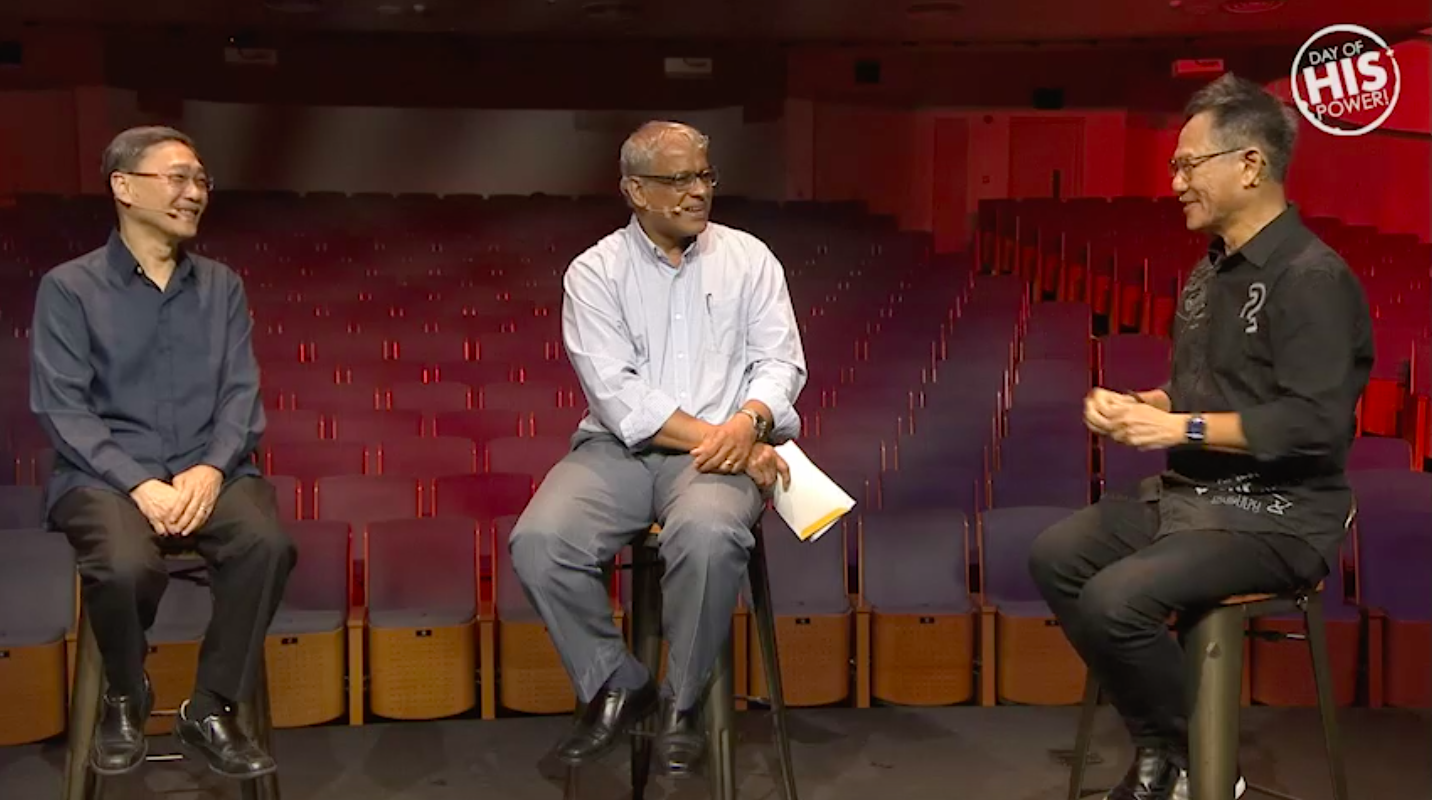 (From left) Pastor Edmund Chan, Bishop Rennis Ponniah and Pastor Lawrence Khong during this first segment in this year's Day of His Power, titled The State of the Church. Screengrabs from DOHP's streaming.