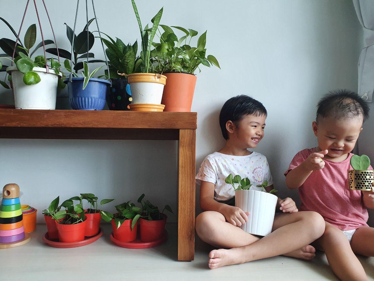 Mya and her little brother, Nathan, with their collection of plants.