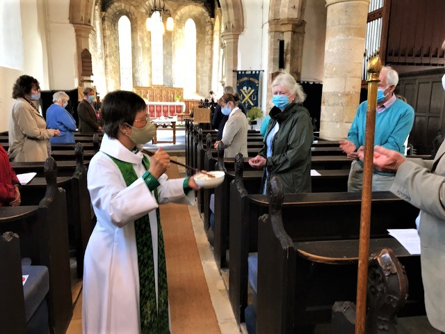 The 'Chopsticks Vicar' said the chopsticks helped her to keep her distance from worshippers at St Mary's in Gainford, County Durham.