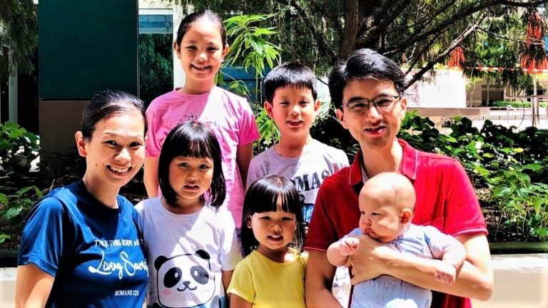 [Left to right] Wife Diana, oldest daughter Candra, Zoe, Joshua, Hannah, John holding baby Joseph – the Xie children are being home-schooled and it was Xie’s effort to learn more about home-schooling that led him to being mentored by Reverend Keith Lai. Photo courtesy of John Xie.