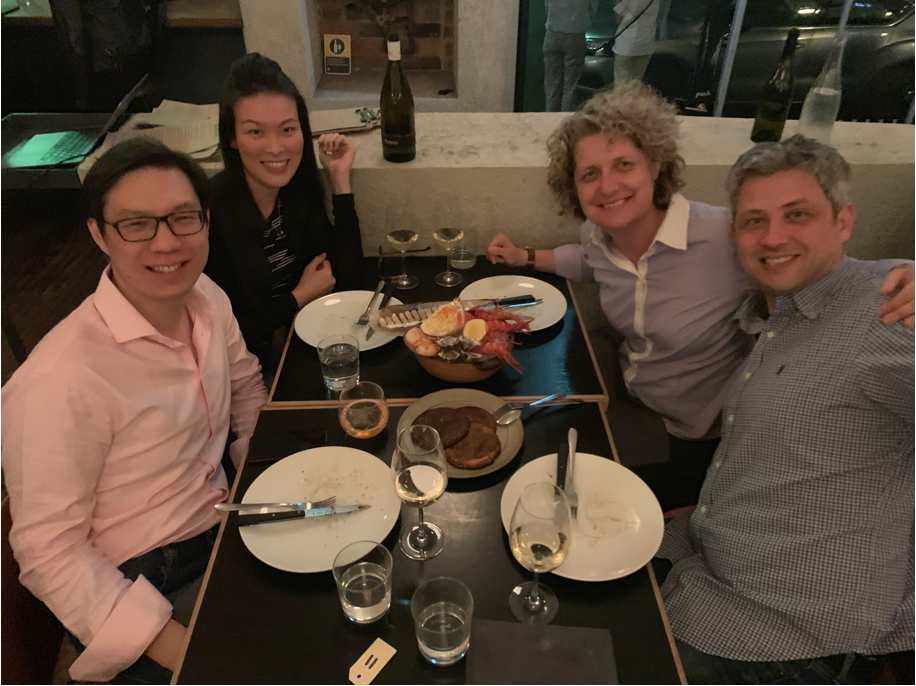 Dr Pang's farewell dinner with her husband, Tze Ru, and colleagues in Australia before she left Sydney in October 2019​.