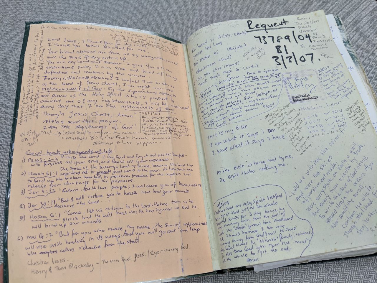 Long handwritten prayers and notes in Anil's Bible from prison. One note reads: "This is my Bible. I am what it says I am. I have what it says I have." Photo by Gracia Lee.