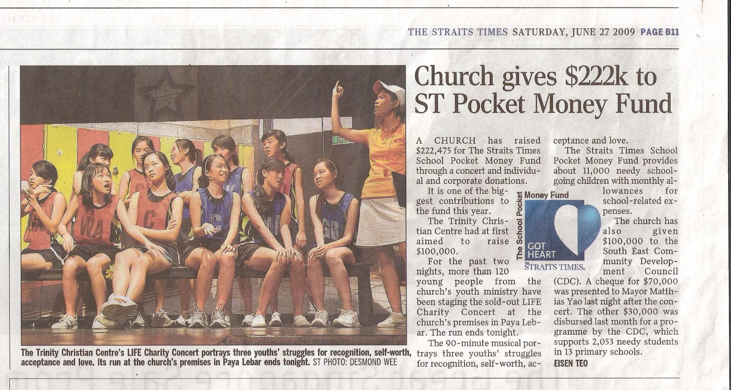 Separately, Trinity's youth were inspired to organise their own charity concert which raised over $222,000 for The Straits Times School Pocket Money Fund. Photo courtesy of Trinity Christian Centre.