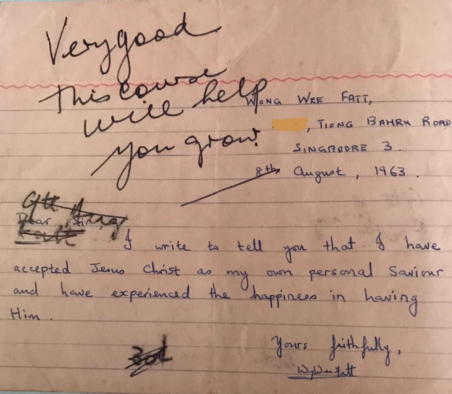 The note written by 14-year-old David Wong, and the scrawled reply from the anonymous writer. "The date is a reminder of the day that I made commitment to Christ," said Ps David.