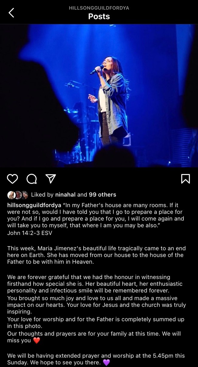 Dedication post from Hillsong Church on Maria's passing.