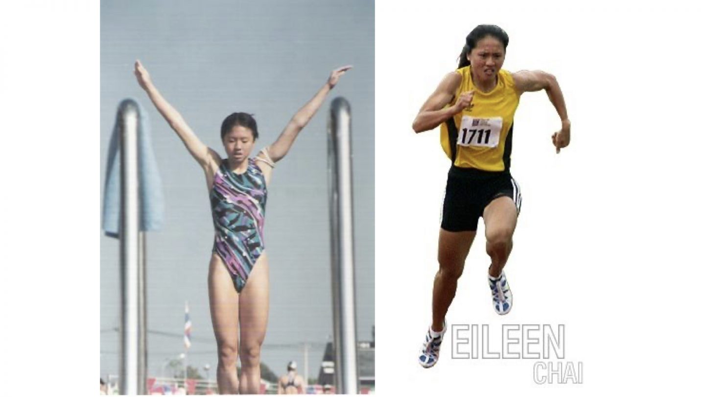 Eileen on the diving board and in track and field 