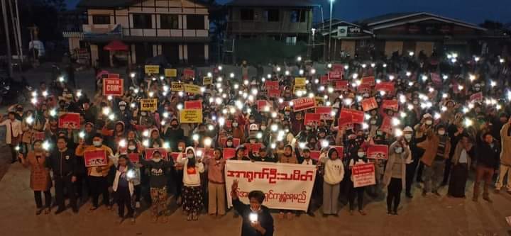 Residents of Mindat Town took to the streets to stage a pre-dawn protest begining at 5:00 am on March 27, 2021 as tensions are rising across Chin State on Tatmadaw Day, which protesters across the country are observing as Anti-Fascist People's Revolution Day to mark the anniversary of the start of armed insurrection against Japanese Occupation in 1945. Protests took place elsewhere in the State at different times and modes. Photo from Chin Human Rights Organisation on Facebook.