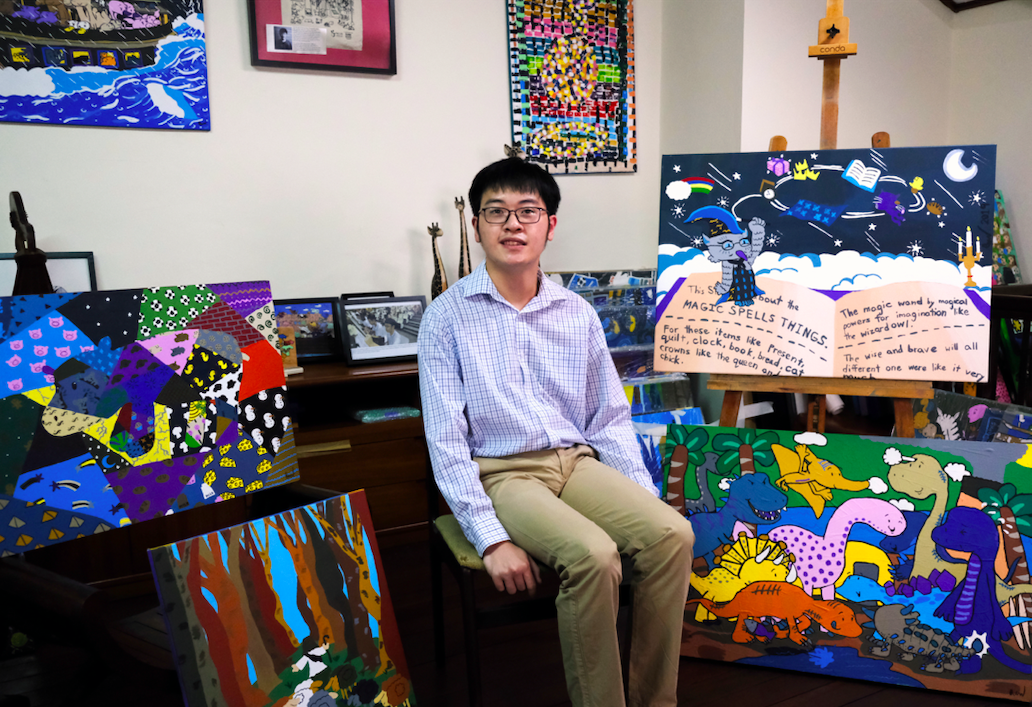 Aaron James Yap, who has autism, surrounded by his artwork, some of which has been featured in local exhibitions and national events. All photos courtesy of Koinonia Inclusion Network.