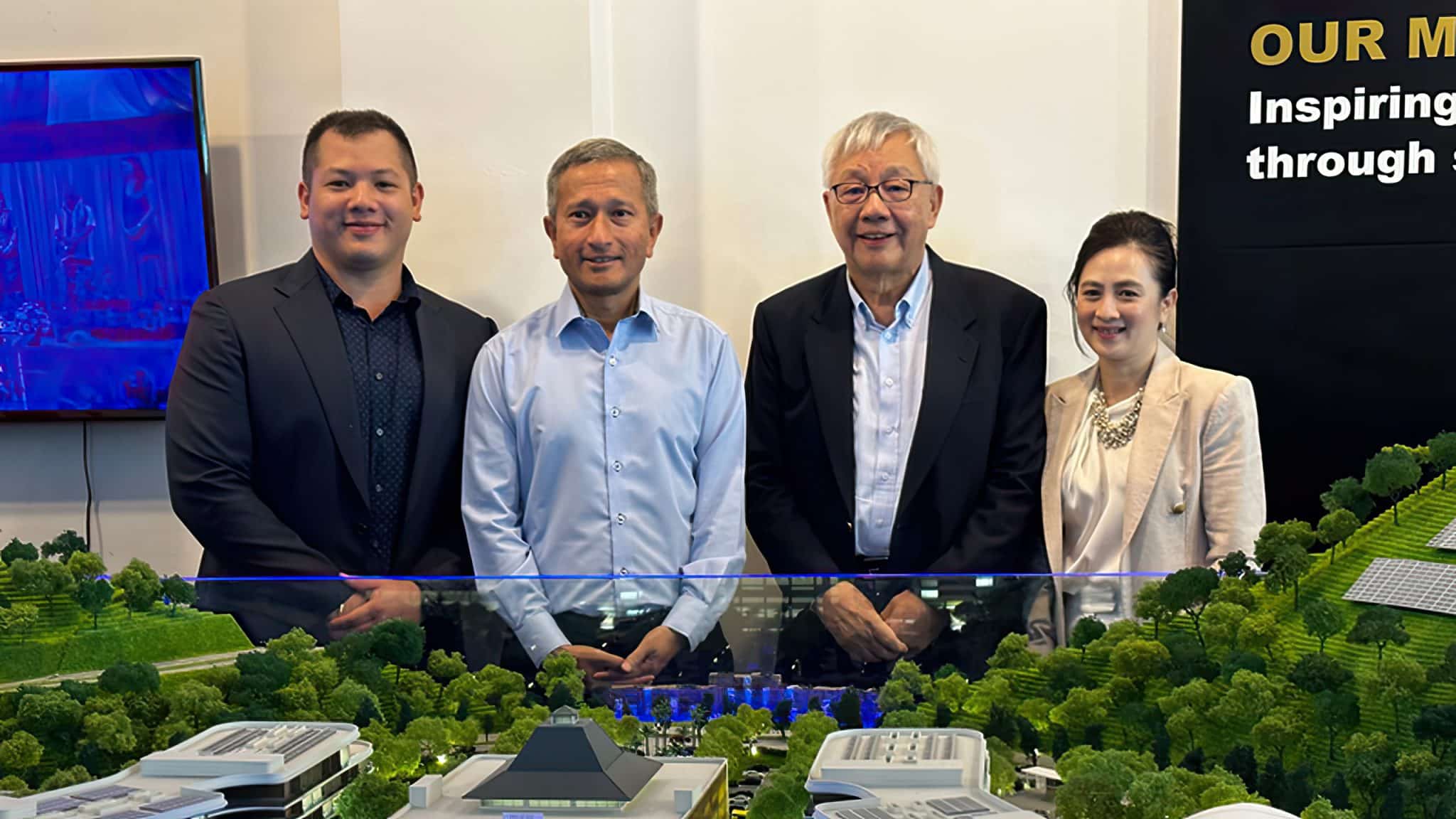 Minister of Foreign Affairs Vivian Balakrishnan (in blue) with Datuk Edward Ong (second from right) at the Pelican Paradise office in Timor-Leste during the former's visit in July 2023. All photos courtesy of Datuk Edward Ong.